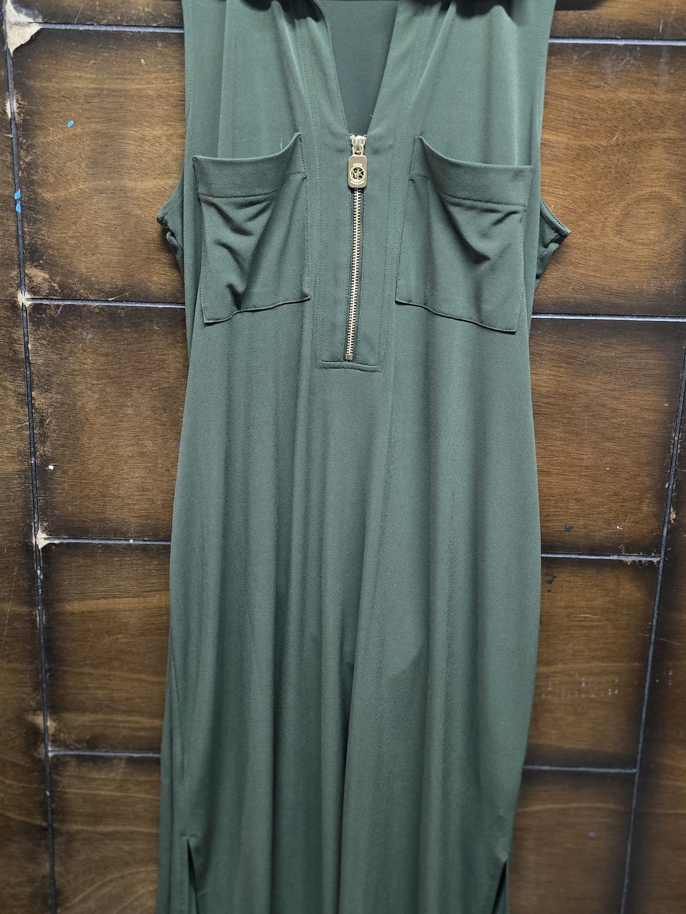 MICHAEL Michael Kors Olive Green Sleeveless Maxi Dress with Gold Zip M
